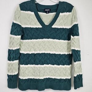 Lands End Drifter Sweater Green Stripes Cable Knit Pullover Cotton Sz M Academia